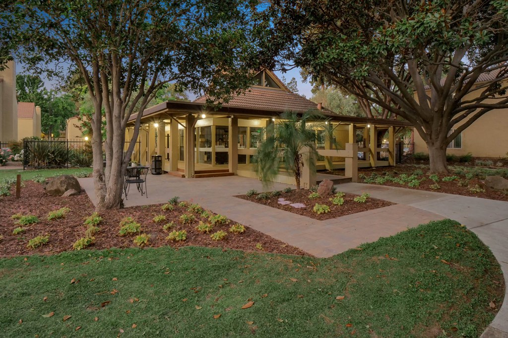 a patio with a gazebo and trees at Summerwood Apartments, Santa Clara, CA 95050