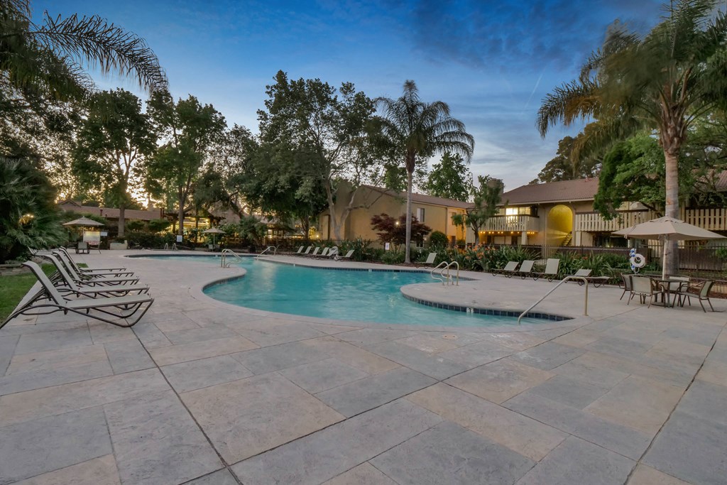 a swimming pool with chairs and umbrellas at Summerwood Apartments, Santa Clara, CA