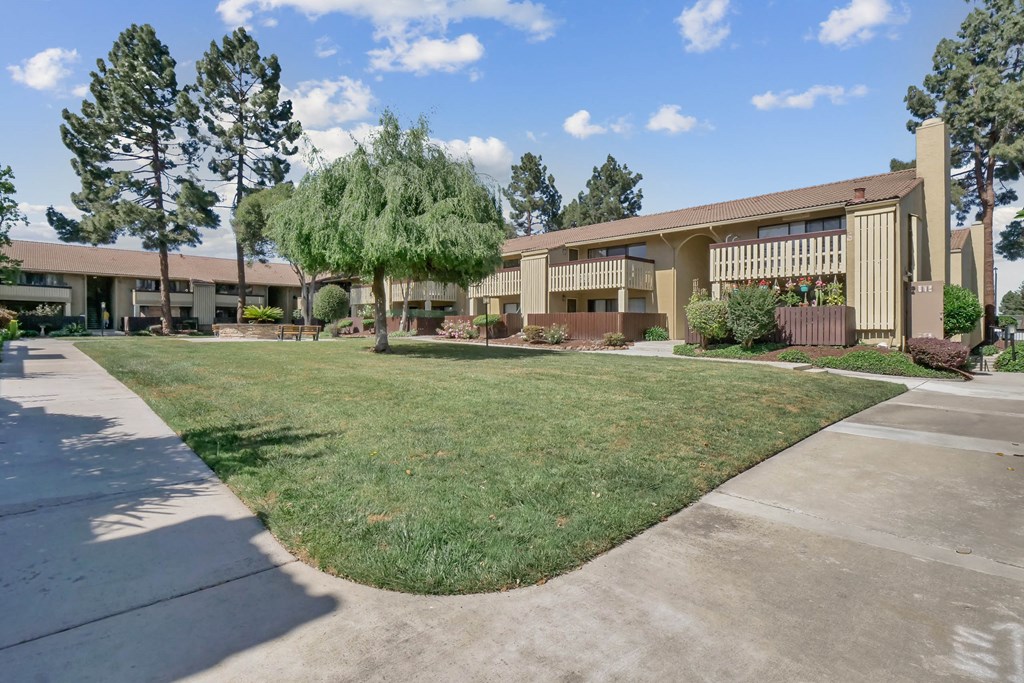 a building with a lawn and trees in front of it at Summerwood Apartments, Santa Clara, CA