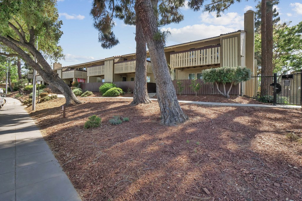 a courtyard with trees and a building in the background at Summerwood Apartments, California