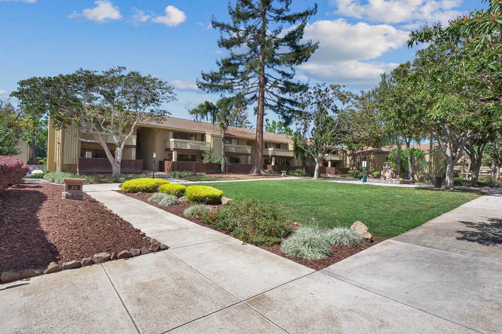 a sidewalk leading to a building with a lawn and trees at Summerwood Apartments, Santa Clara, 95050