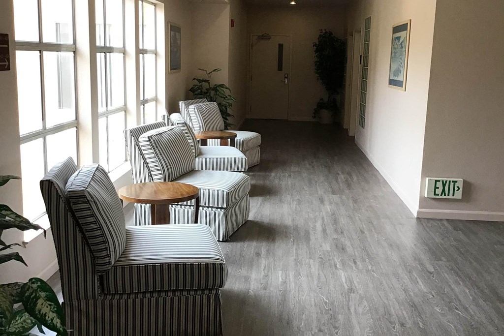 A Room With Striped Chairs at Atrium Garden Apartment Homes, LLC, San Jose, CA, 95112