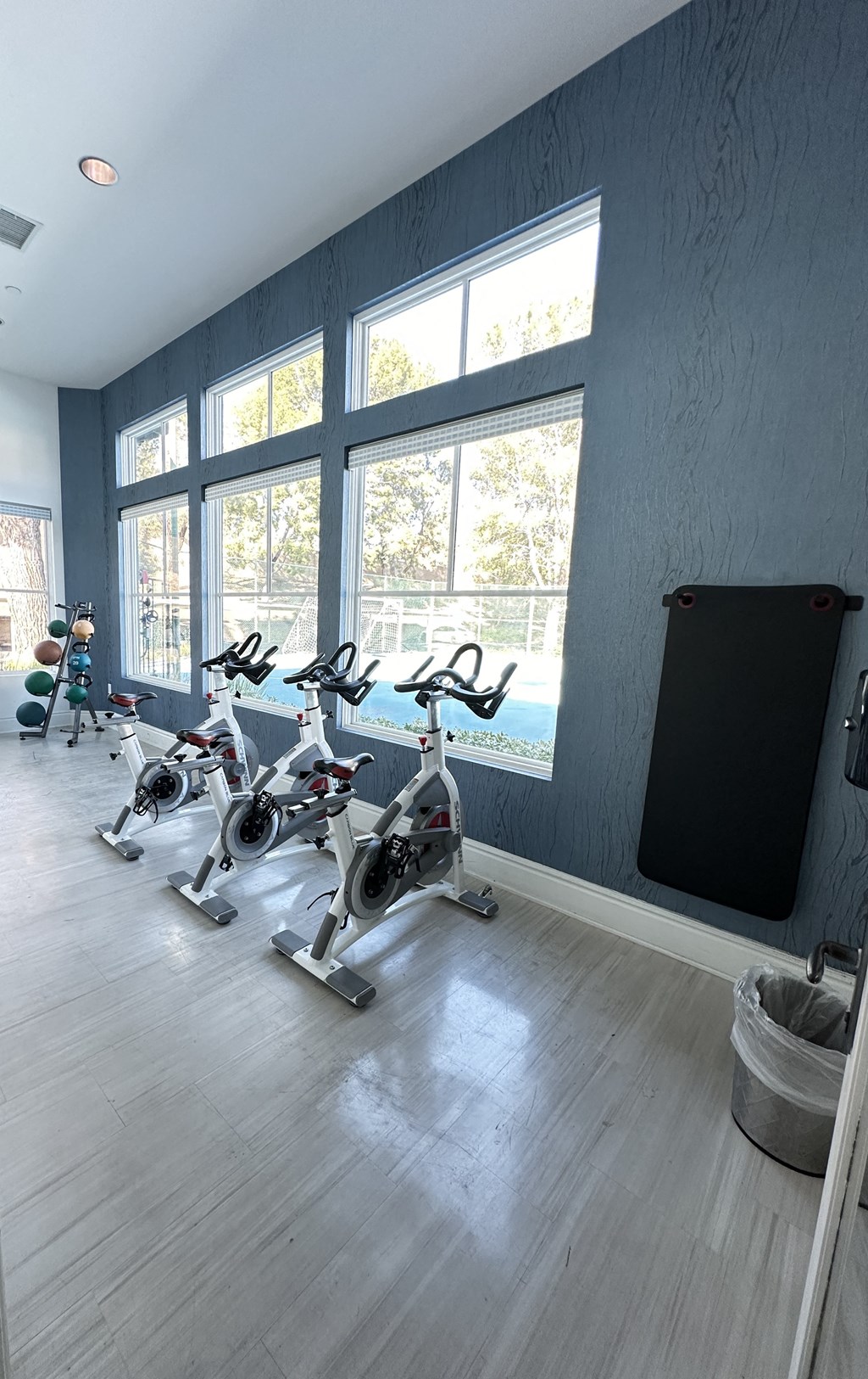 a gym with a row of exercise bikes in front of a window at The Bryant Apartments at Yorba Linda, Yorba Linda