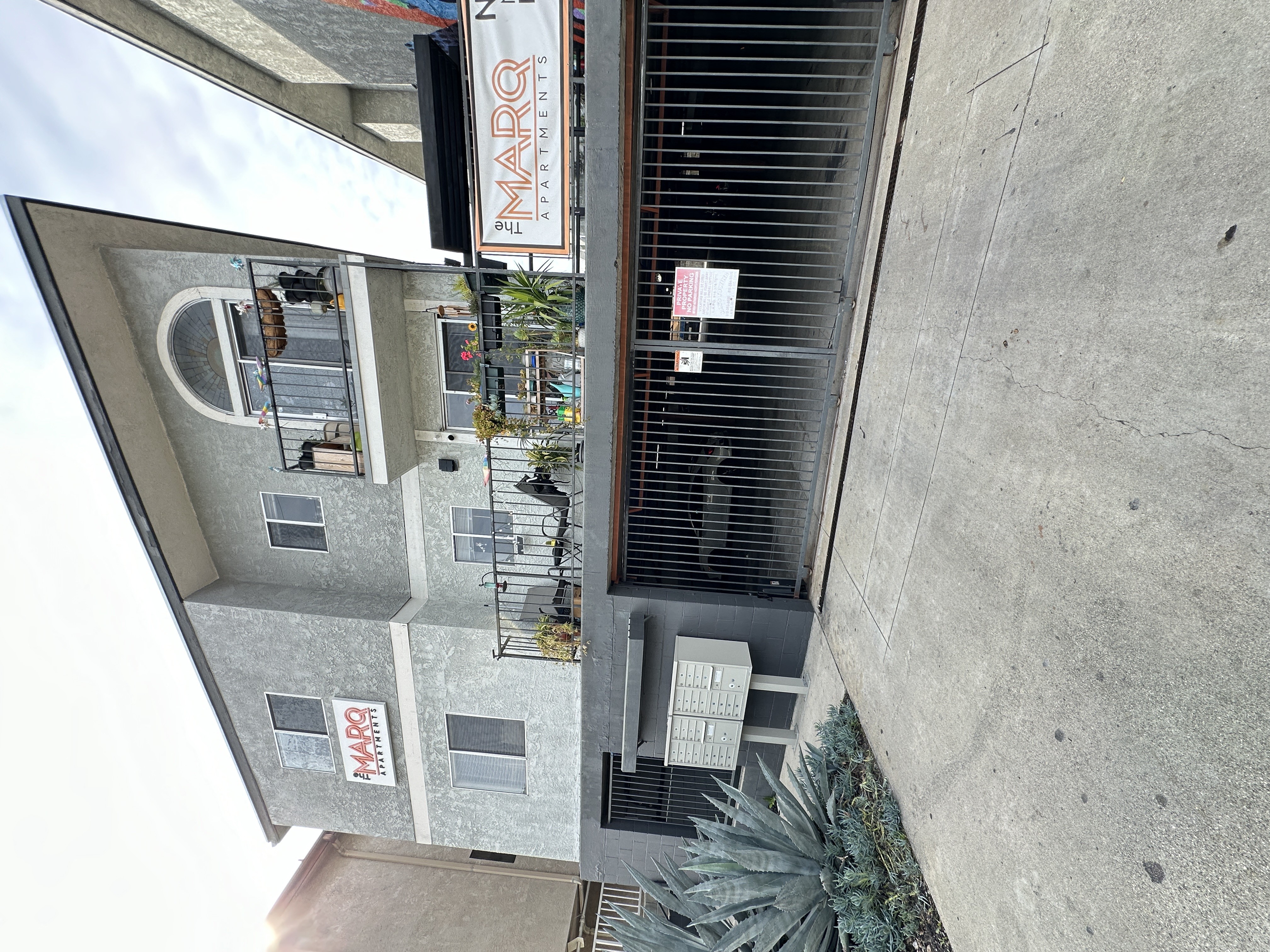 a view of the building from the top of the stairs