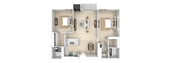 a 3d rendering of a residential floor plan with a bedroom and living room at City View Apartments at Warner Center, California