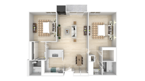 a 3d rendering of a residential floor plan with a bedroom and living room at City View Apartments at Warner Center, California