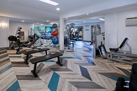 the gym at the flats at obsidian at City View Apartments at Warner Center, Woodland Hills