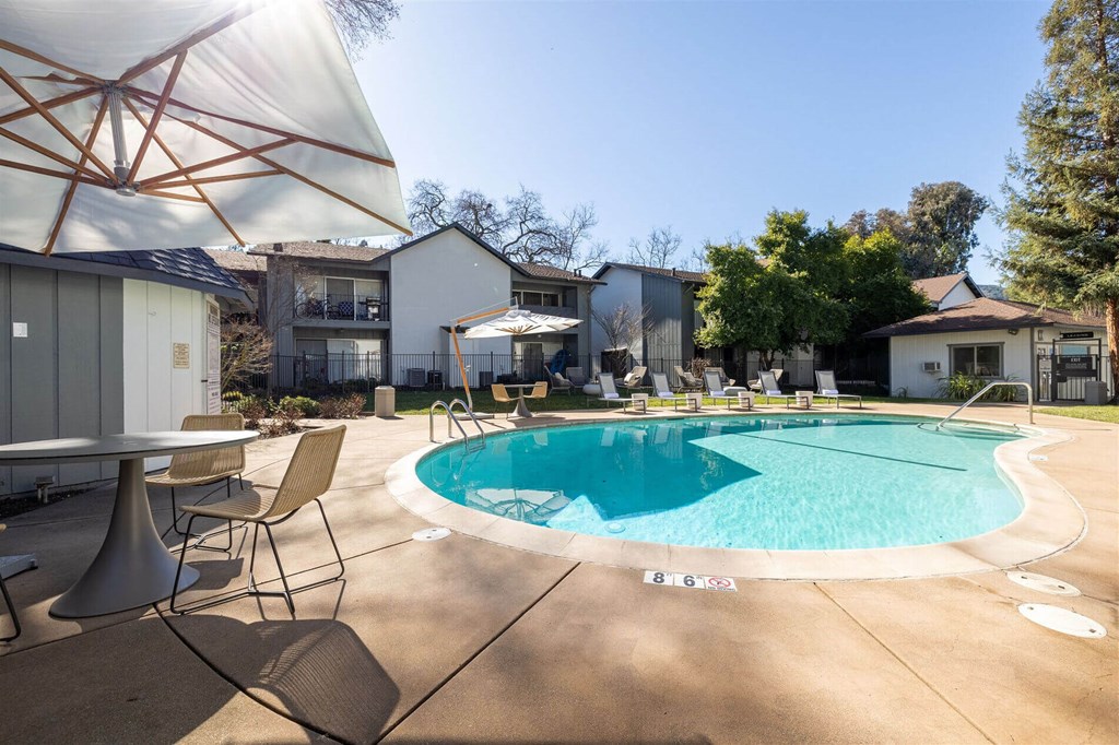 our apartments have a large pool with chairs and tables  at Danville Park, Danville, California