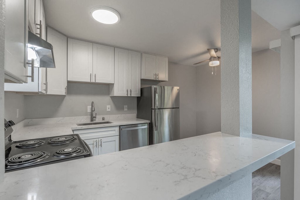 a kitchen with white marble counter top and stainless steel appliances at Danville Park, Danville, California