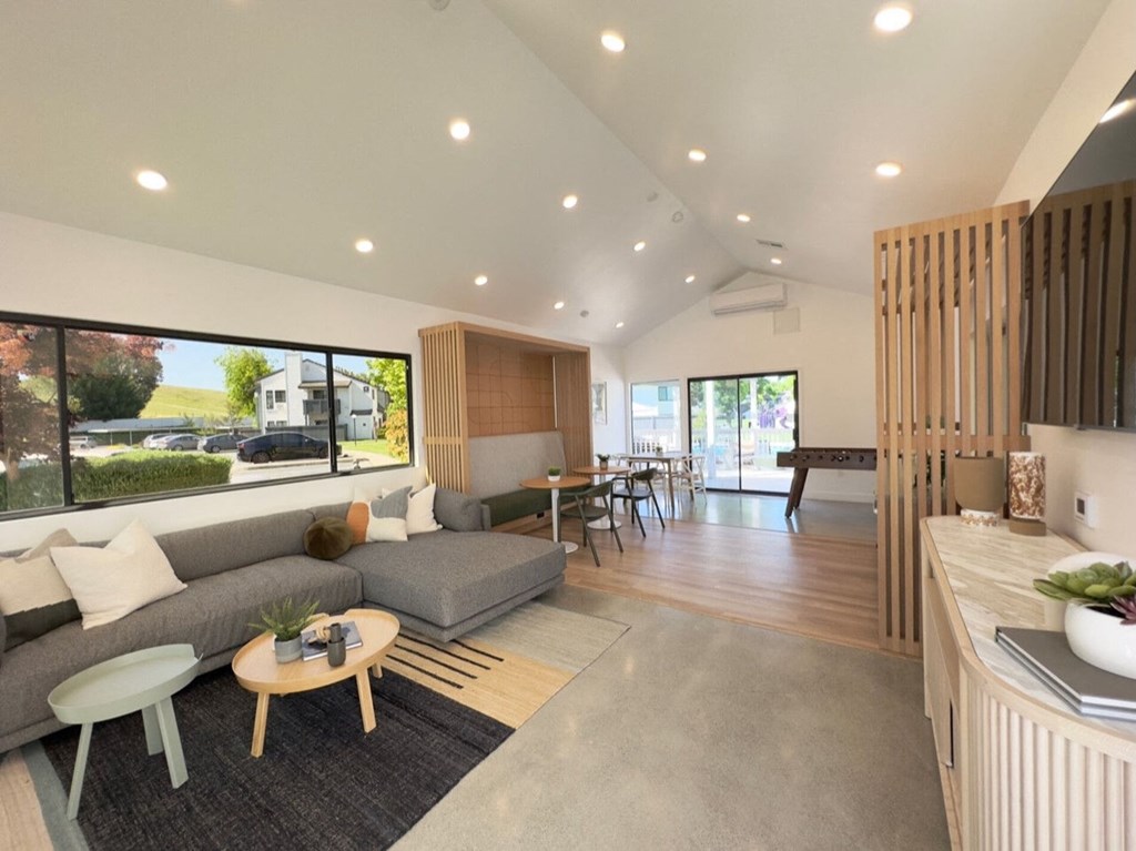 a rendering of a living room with a couch and a table at Diablo Vista, Livermore