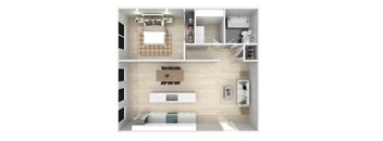 a 3d rendering of a bedroom with a bathroom and a living room