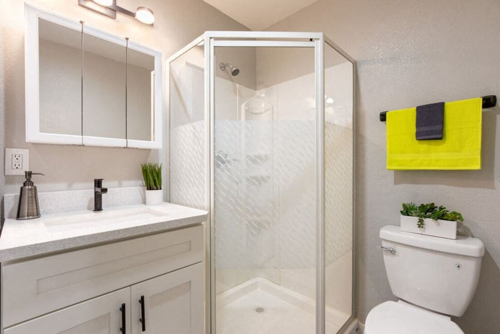 a bathroom with a shower and a sink and a toilet at Element LLC, Sunnyvale, CA, 94086