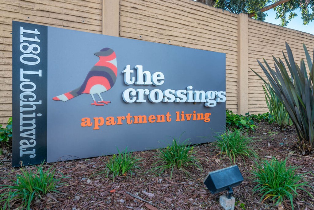 Entry sign for the crossroads apartments at the entrance to the building at Sunnyvale Crossings Apartments, Sunnyvale, CA, California, 94087