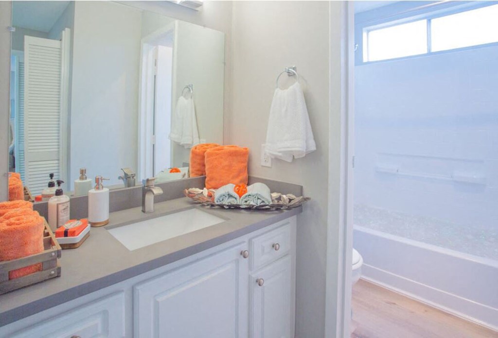 Bathroom With Adequate Storage at Sunnyvale Crossings Apartments, Sunnyvale, CA