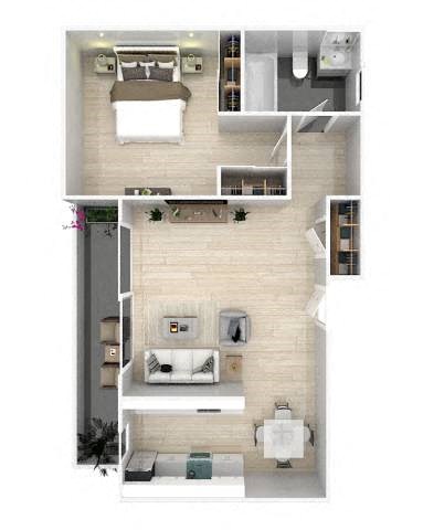 the view of a 1 bedroom floor plan of a house at The Flats on Addison, Sherman Oaks, CA
