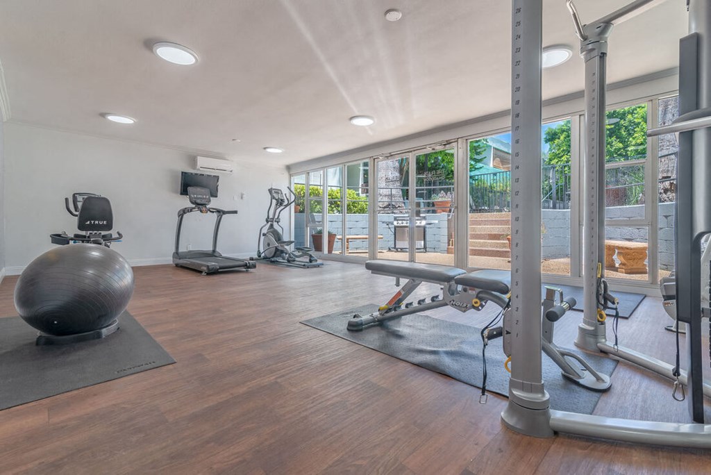 the gym is equipped with a yoga ball and other fitness equipment at The Flats on Addison, Sherman Oaks, CA 91423