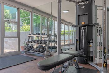 a gym with weights and cardio equipment and a window at The Flats on Addison, Sherman Oaks, CA
