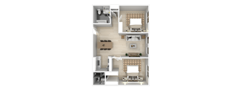 A top-down view of a house layout with a living room, kitchen, and two bedrooms.