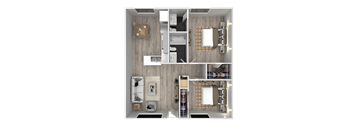 a 3d floor plan of a bedroom with a bathroom and a living room at Ocean Villas, Oxnard, CA