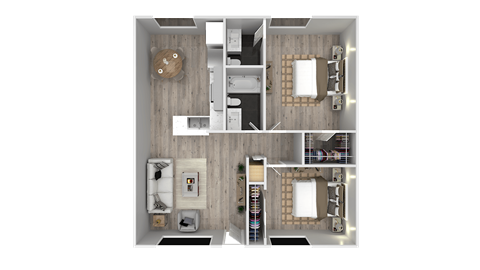 a 3d floor plan of a bedroom with a bathroom and a living room at Ocean Villas, Oxnard, CA