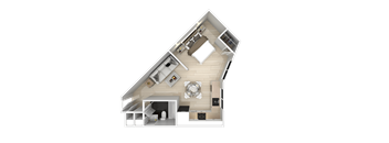 A 3D rendered image of a house layout.