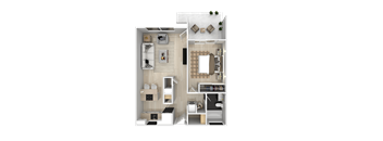 A detailed 3D floor plan of a modern apartment layout.
