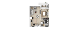 A top-down view of a small apartment layout with a kitchen, living room, and bedroom.