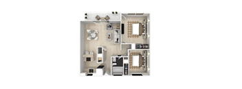 A top-down view of a house layout with a kitchen, living room, dining area, and bedrooms.