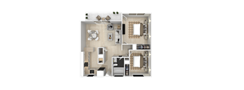 A top-down view of a house layout with a kitchen, living room, dining area, and bedrooms.