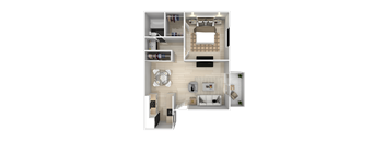 A top-down view of a house layout with a kitchen, living room, and bedrooms.