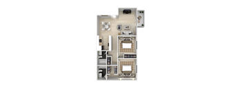 A 3D rendered image of a house layout.