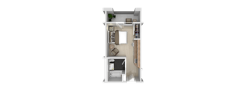A 3D rendered image of a small apartment layout.