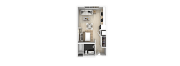 A top-down view of a small, neatly organized apartment.