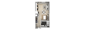 A top-down view of a small apartment with a kitchen, living room, and bathroom.