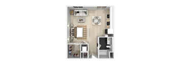 A top-down view of a small apartment with a kitchen, living room, and bedroom.