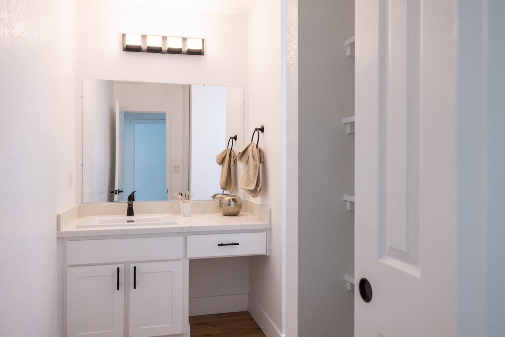A bathroom with a white vanity and a mirror above it at Summerwood Apartment , Santa Clara, 95050
