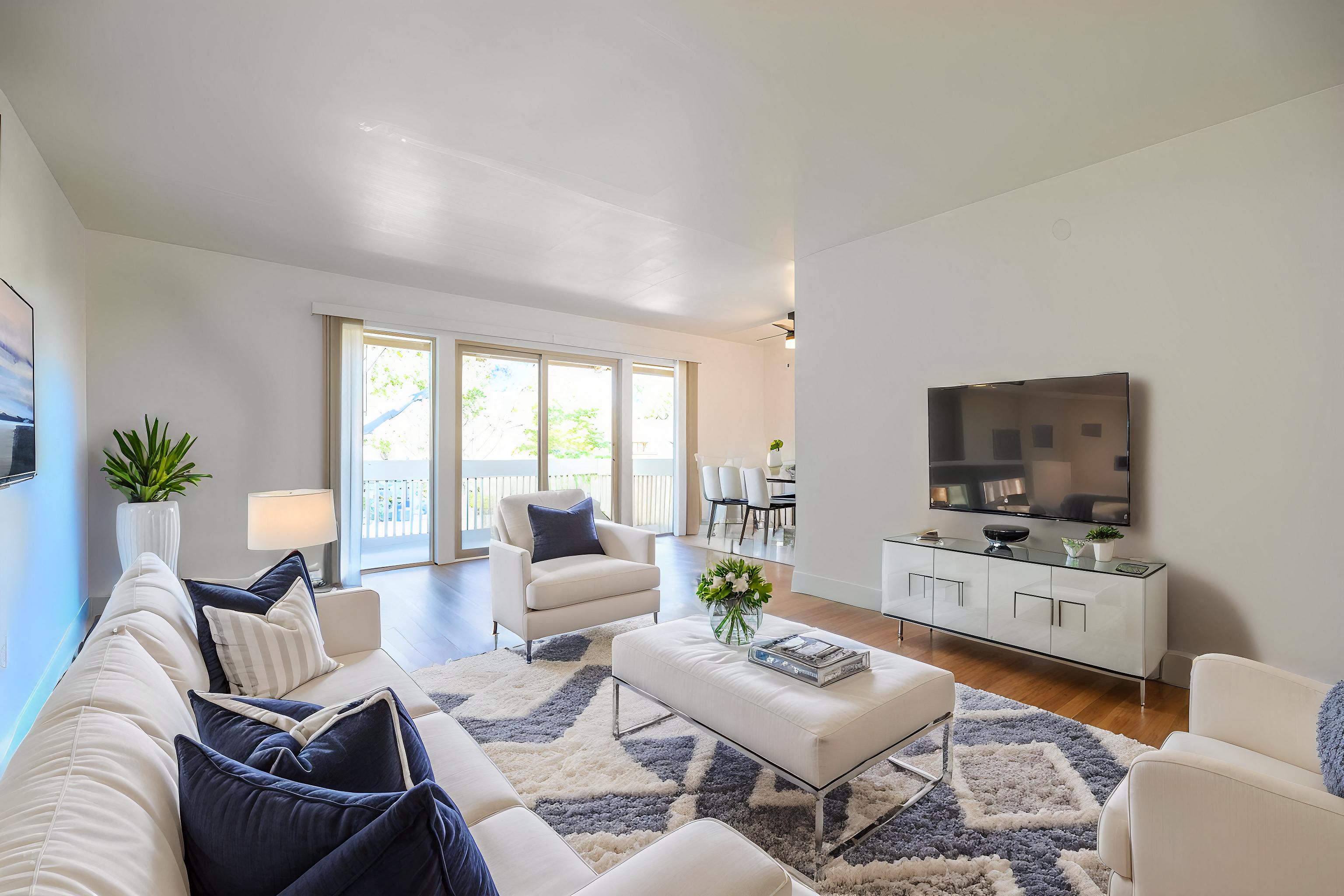 A living room with white furniture and a flat screen TV.