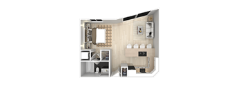 A 3D rendered image of a modern apartment layout.