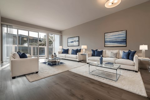 living room A living room with a large window, a white sofa, a glass coffee table, and a rug at The Pier at Sausalito, Sausalito, CA