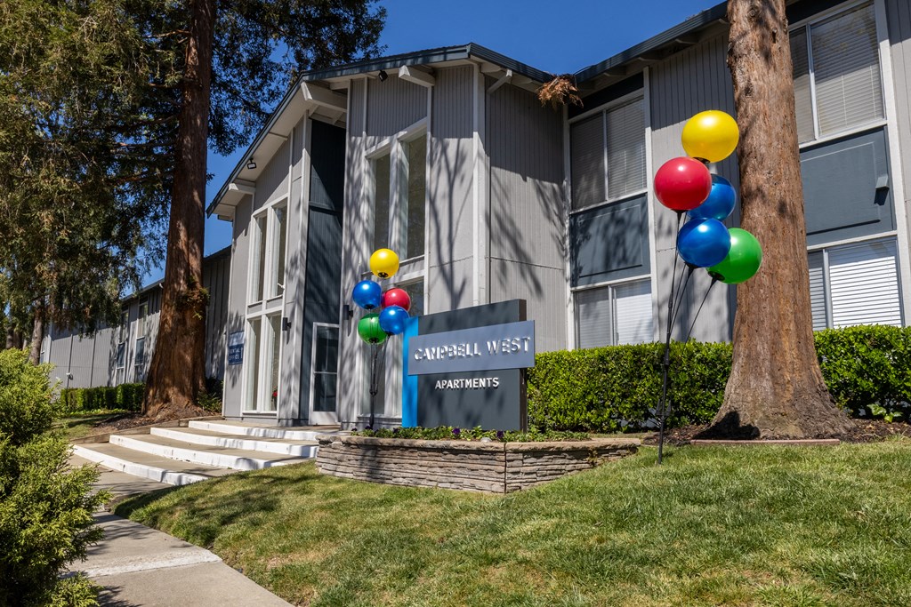our building is decorated with balloons for a party at Campbell West Apartments, California 95008