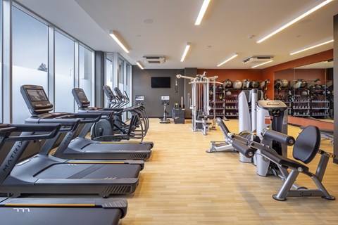 A gym with treadmills, exercise bikes, and other equipment.at 888 Fourth Street Apartments, LLC, Santa Rosa, CA 95404