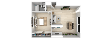 a rendering of a 3d floor plan of a houseat The Arches Apartments, LLC, California, 92021