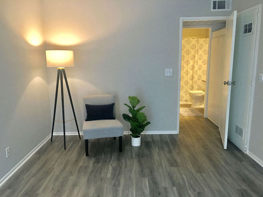 a living room with a chair and a potted plant