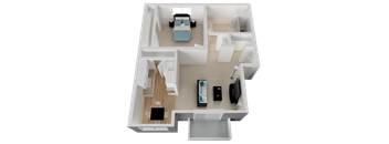 a rendering of a 3d floor plan with a bedroom and living room at Campbell West, Campbell California