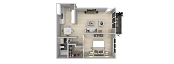 a rendering of a 3d floor plan of a house at Latitude Apartments at Mission Valley, California