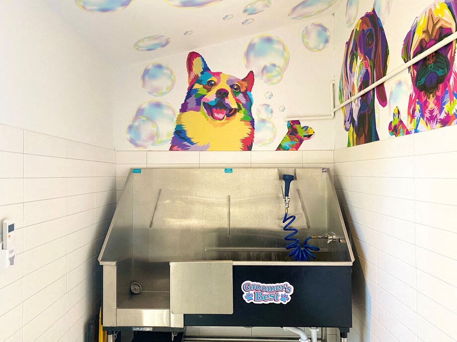 a large painting of a dog on the wall above a hot dog at La Jolla Blue, San Diego California