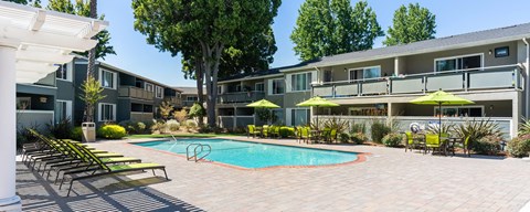 A pool surrounded by trees and a building.
