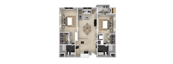 A detailed 3D floor plan of a modern apartment layout.