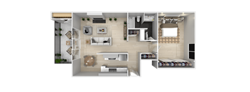 A top-down view of a modern apartment layout with a living room, kitchen, and bedrooms at Summerwood Apartment , Santa Clara, California