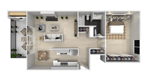 A top-down view of a modern apartment layout with a living room, kitchen, and bedrooms at Summerwood Apartment , Santa Clara, California
